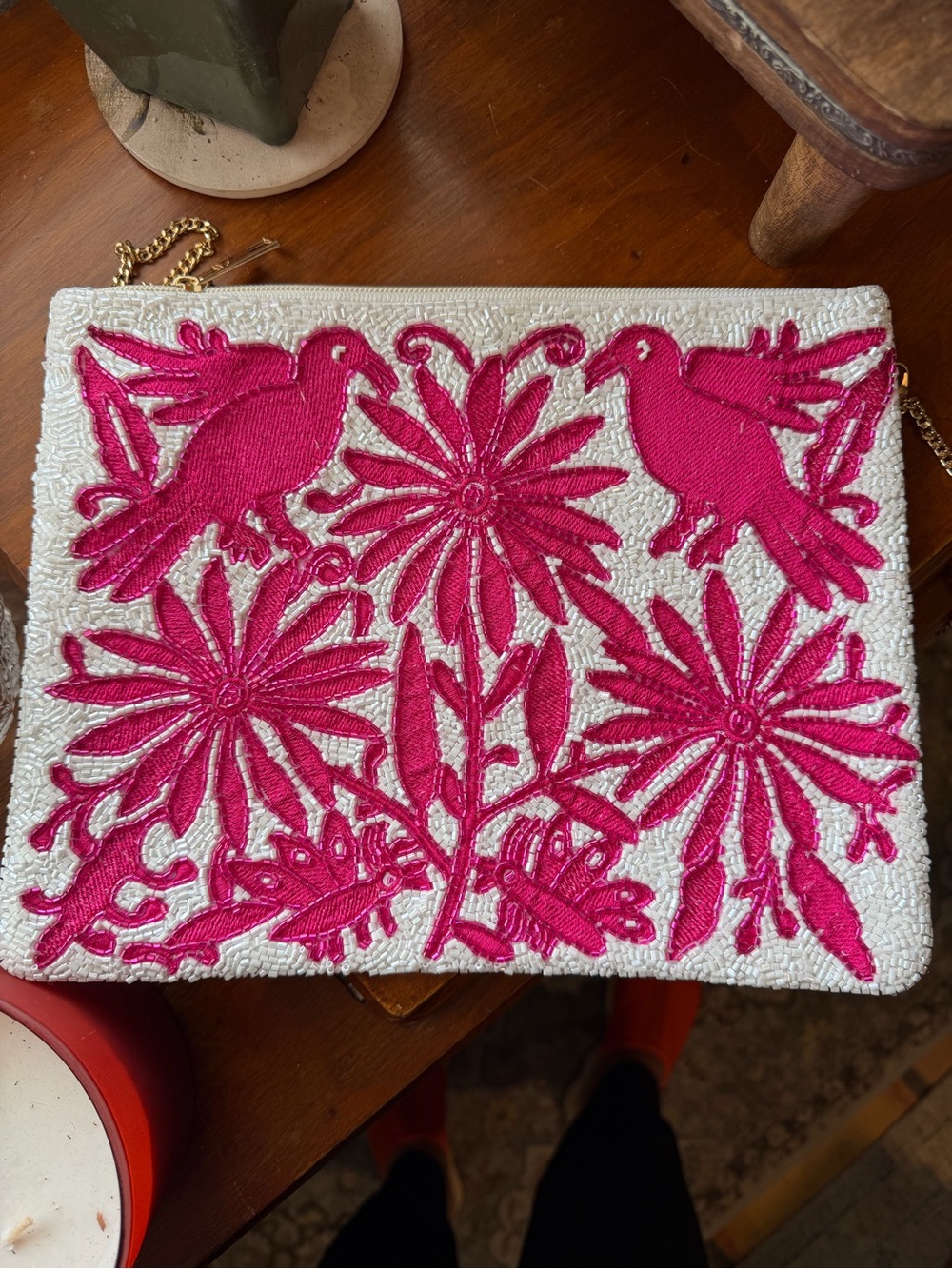 Pink White Beaded Bird Floral Clutch Crossbody Bag Gold Chain